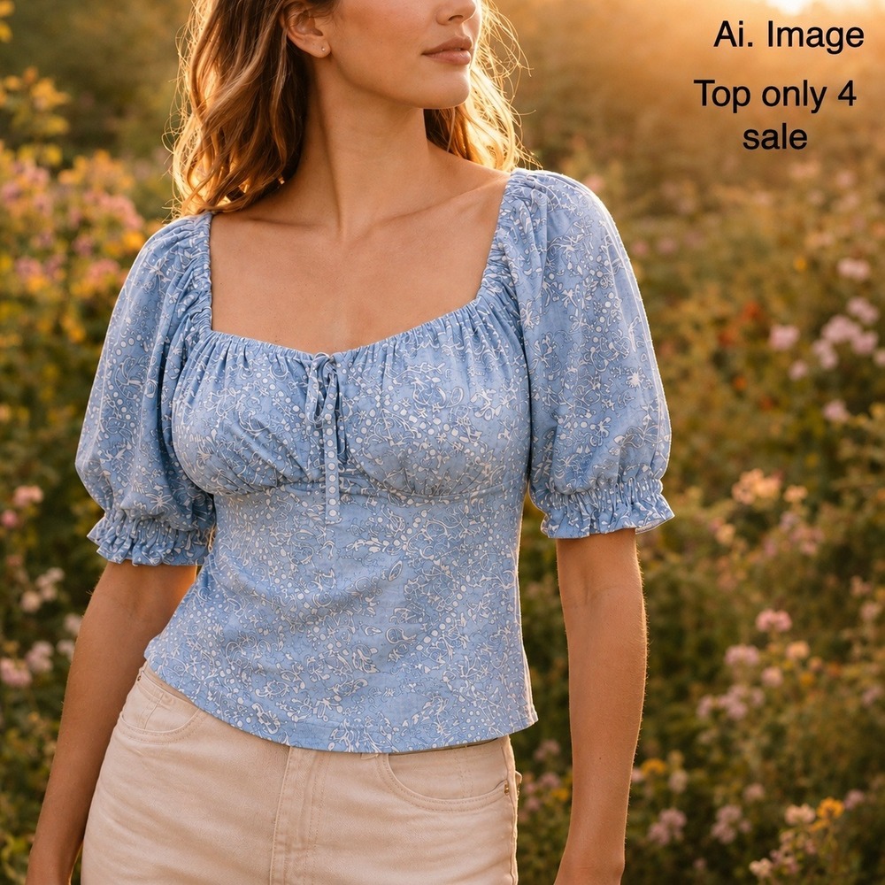 Blue Paisley Peasant Top Puff Sleeve Women Lg. Smocked Back Cottagecore Coquette